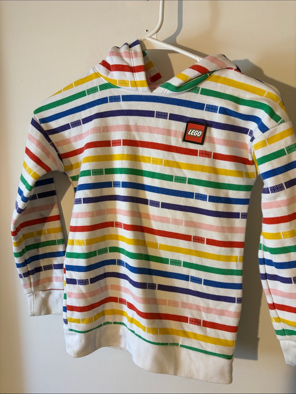 Lego White Hoodie with Rainbow Stripe Bricks